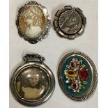 A Victoria silver brooch; a silver cameo; a silver portrait locket; a micro-mosaic brooch