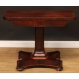 A William IV rosewood card table, hinged top enclosing a baize lined playing surface, panel