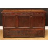 An 18th century oak mule chest or marriage chest, hinged cover enclosing a till above a blind
