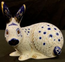A Royal Crown Derby paperweight, English Blue Rabbit, gold stopper, printed marks in red
