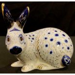 A Royal Crown Derby paperweight, English Blue Rabbit, gold stopper, printed marks in red