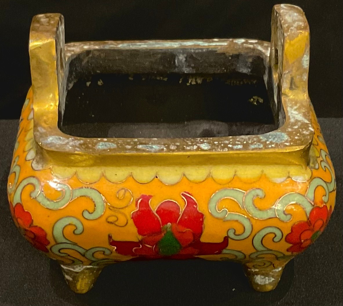 A Chinese inspired Cloisonné shaped square censer, 10.5cm wide