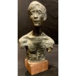 Gus Hyatt (20th century), a dark patinated sculpture, male torso, 33cm, wooden block base