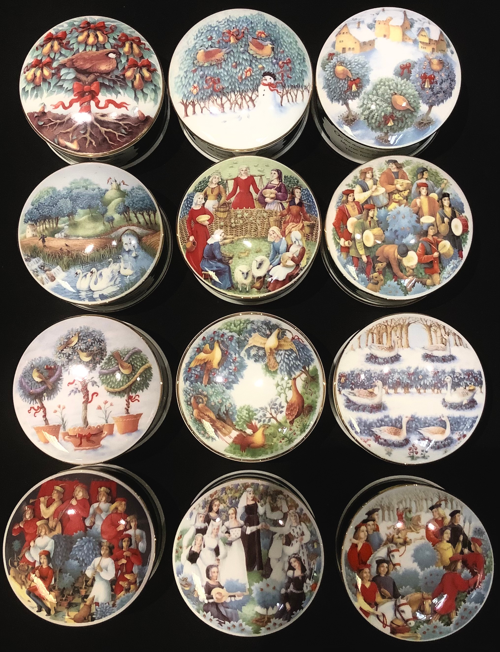 A set of twelve Wedgwood trinket pots and covers, The Twelve Days of Christmas, each boxed