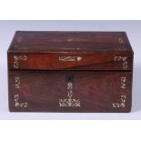 A Victorian rosewood and mother of pearl marquetry travelling dressing box, hinged cover enclosing a