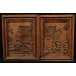 A pair of North European oak panels, carved in relief in the manner of Teniers with tavern dwellers,