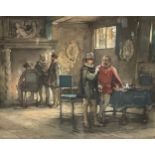 English School (19th century) Baronial Interior, with figures in conversation indistinctly signed,