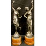 A pair of chrome and Derbyshire alabaster classical dancing figures, c.1925