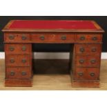 A late 19th/early 20th century oak twin pedestal desk, rectangular top above three frieze drawers,