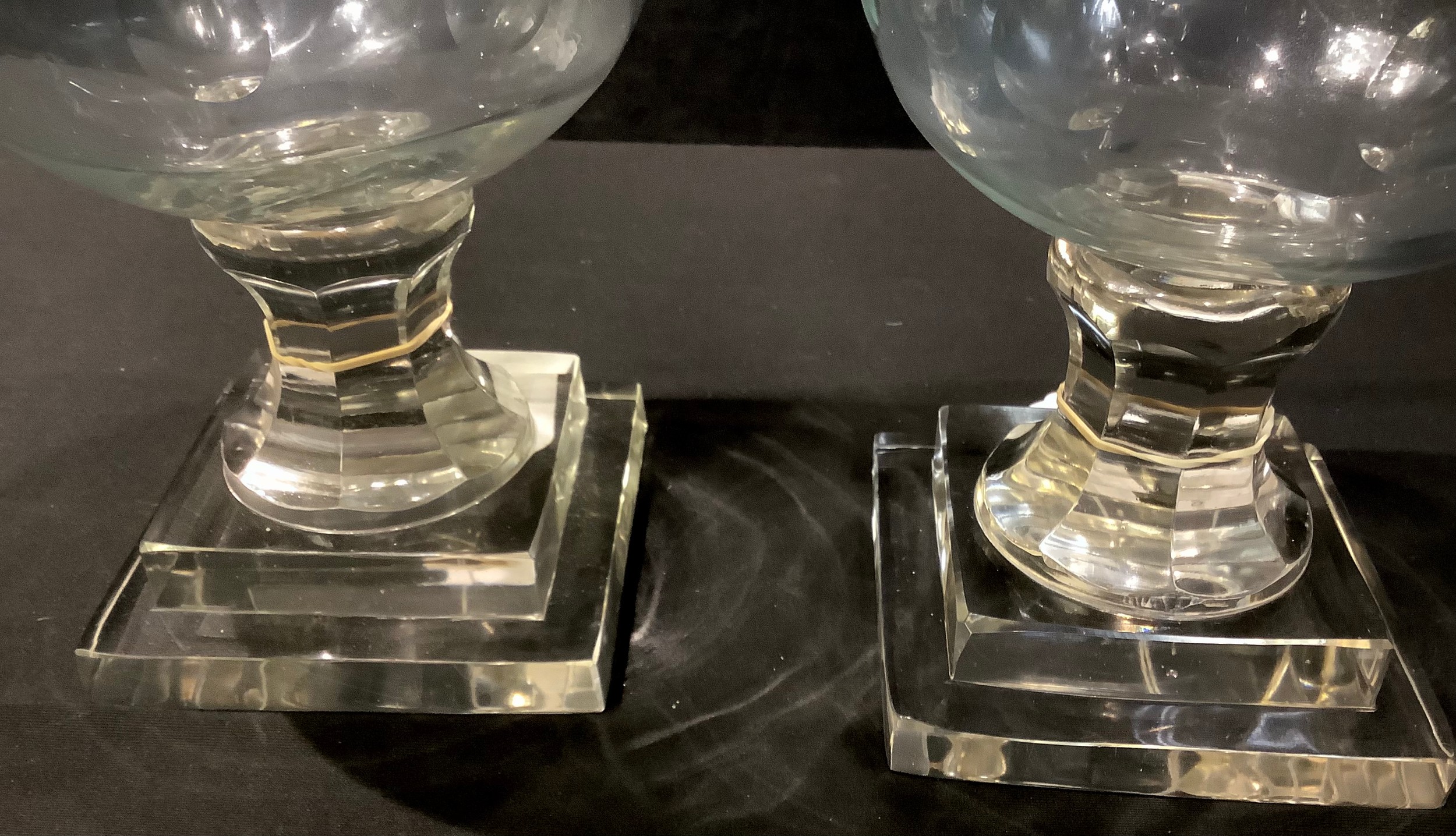 A large pair of reproduction Victorian style glass storm lamps, stepped bases, approx. 40cm high - Bild 2 aus 2