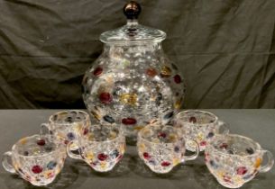 A continental glass hand made and hand painted punch bowl and cover with six conforming cups