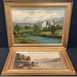 English School Lake Scene with Cattle Watering unsigned, oil on canvas, 24cm x 50cm; another,