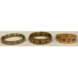 A 9ct gold diamond and ruby gypsy set ring; a 9ct gold diamond and ruby ring; another, 7.4g gross (