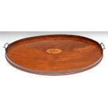 A large 19th century mahogany and marquetry gallery tray, the field inlaid with an oval shell