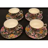 A Grimwades Nantwich pattern chintz set of four teacups and saucers, printed marks, mid-20th century