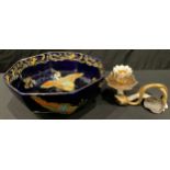 A Golden Moon blue glazed hexagonal bowl; an Art Nouveau Victorian candlestick (2)