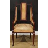 An Arts & Crafts mahogany armchair, in the manner of Shapland & Petter, 103cm high, 56cm wide, the