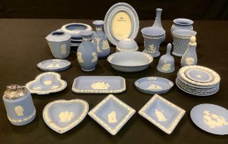 A collection of Wedgwood Jasperware including vases, dishes, plates, photograph frame, table
