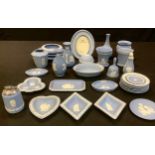 A collection of Wedgwood Jasperware including vases, dishes, plates, photograph frame, table