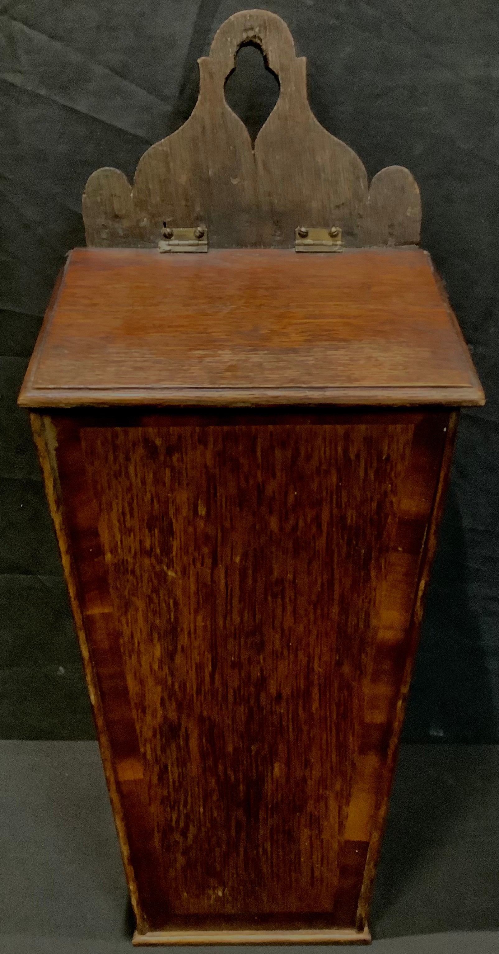 A George III mahogany crossbanded oak candle box, c.1800