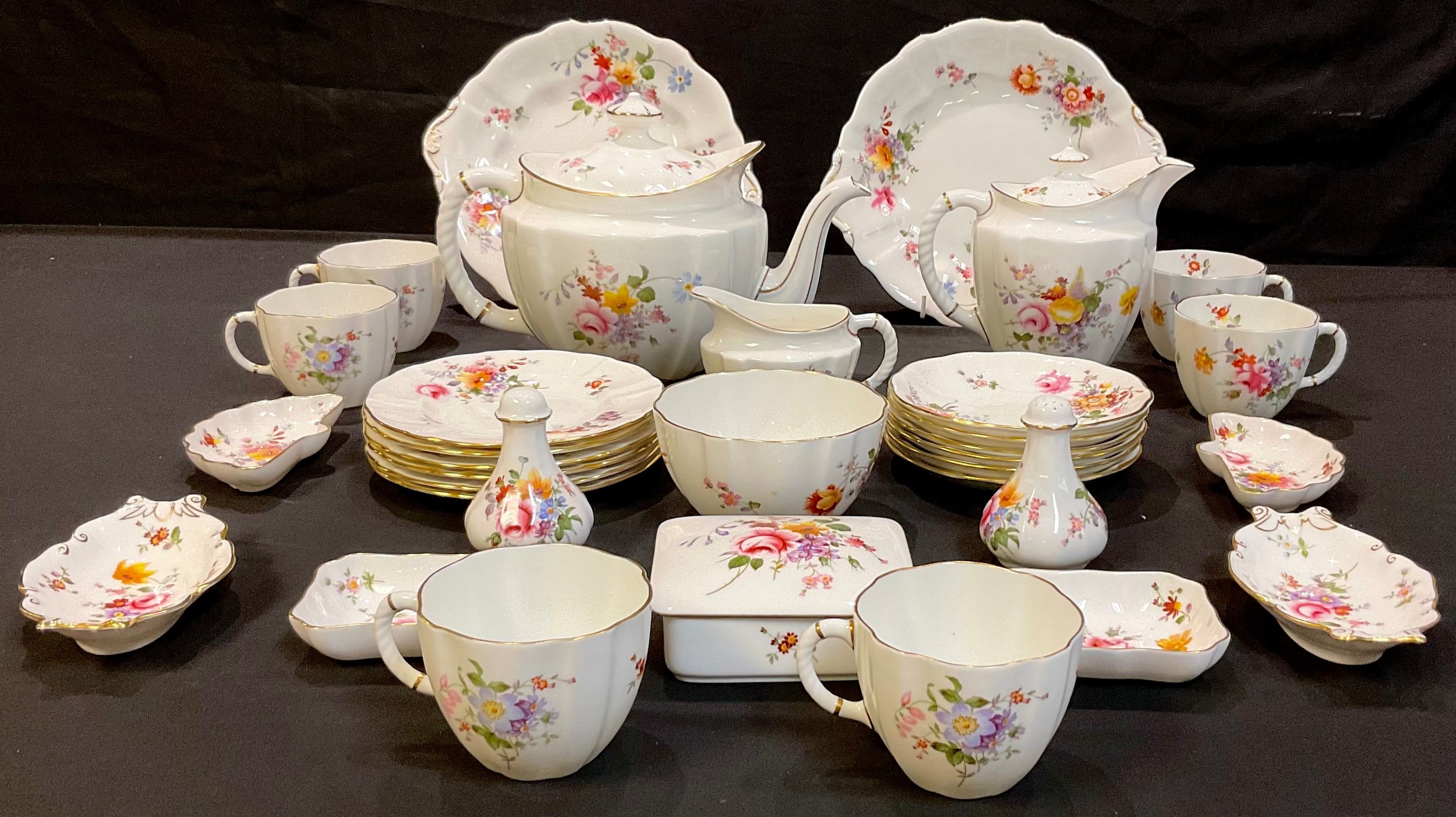 A Royal Crown Derby Posies pattern tea set, comprising large teapot, hot water jug, milk jug and