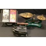 Kitchenalia - a set of brass balance scales, with six graduated bell shaped imperial weights; a flat