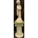 A chalk model of a girl holding doves, painted in green, 46cm high; a resin statuary pedestal as a