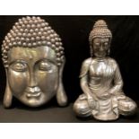 Interior Decoration - a large silver coloured seated buddha, 53cm high; a silver coloured buddha