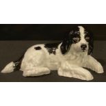 A Royal Crown Derby model of a black and white spaniel resting, 16.5cm wide, printed mark in pink