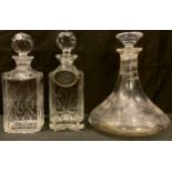 A glass ship's decanter, acid etched with tall ships, 25cm; an Edinburgh Crystal cut glass decanter,