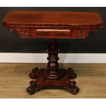 A 19th century mahogany card table, hinged top enclosing a baize lined playing surface, turned