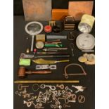 Boxes and Objects - copper printing plaques; hardwood gavel; fishing reel; keys; magnifying glasses;