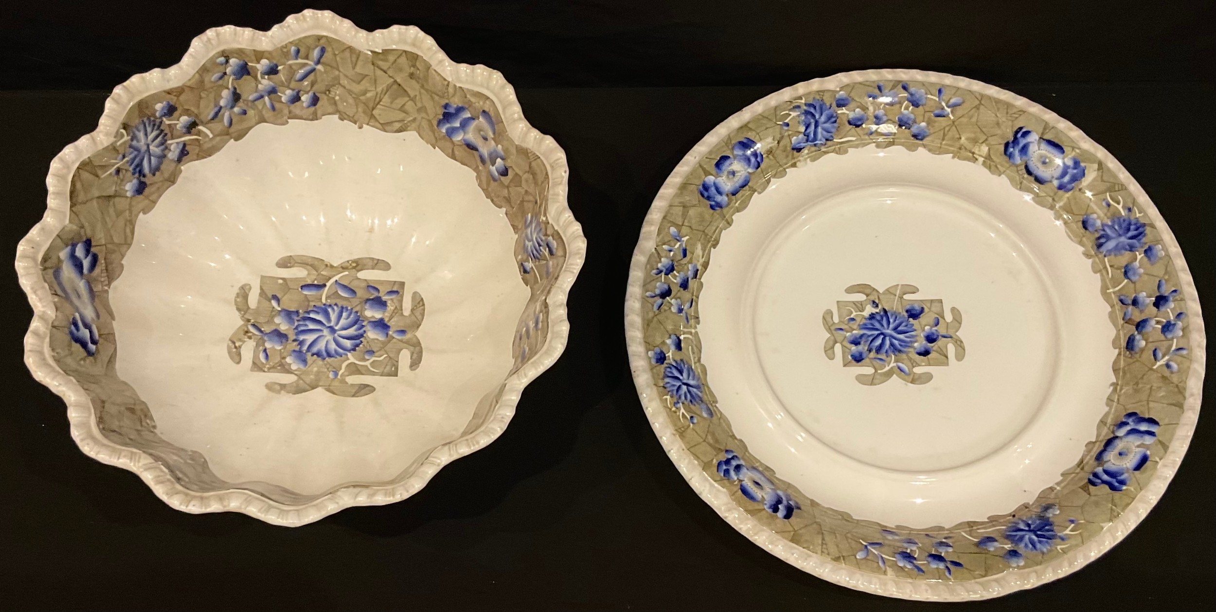 A mid 19th century Spode Orientalist pattern scalloped punch bowl and stand, gadrooned rim, - Image 2 of 2