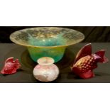 A Scottish Monart Glass flared circular bowl, mottled yellow to turquoise graduation with gold