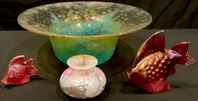 A Scottish Monart Glass flared circular bowl, mottled yellow to turquoise graduation with gold