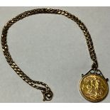 A George V gold full sovereign, 1911, 9ct gold mounted as a pendant and chain, 13.8g