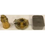 A Georgian pewter snuff box; a miniature chamberstick; a snuffer; a Down Bros, London miniature