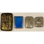 A gold inlaid cigarette case; an enamel match case; two Victorian vestas