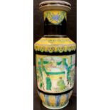A Chinese export ware reproduction vase, printed and painted with two panels depicting courtroom