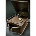 An oak HMV (His Master's Voice) table top gramophone cabinet, number 103