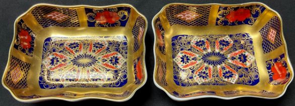 A pair of Royal Crown Derby Imari palette 1128 pattern rounded rectangular trinket dishes, solid