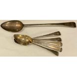 A George III silver serving spoon, 28cm, London 1795; a set of six George III silver spoons, 17cm,
