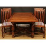 An oak draw-leaf dining table, 74.5cm high, 91cm opening to 151.5cm long, 91cm wide; a set of four
