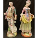 A pair of large 19th century Meissen type figures, The Gardener and his Companion, 47cm high (a/f)