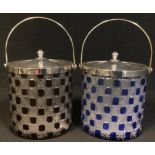 A blue flashed cut glass biscuit barrel, metal mounted; another, red flashed glass (2)