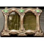 A small Art Nouveau style enamelled sterling silver double photograph frame, impressed sterling,