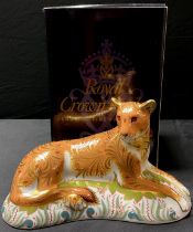 A Royal Crown Derby paperweight, Lioness, gold stopper, boxed
