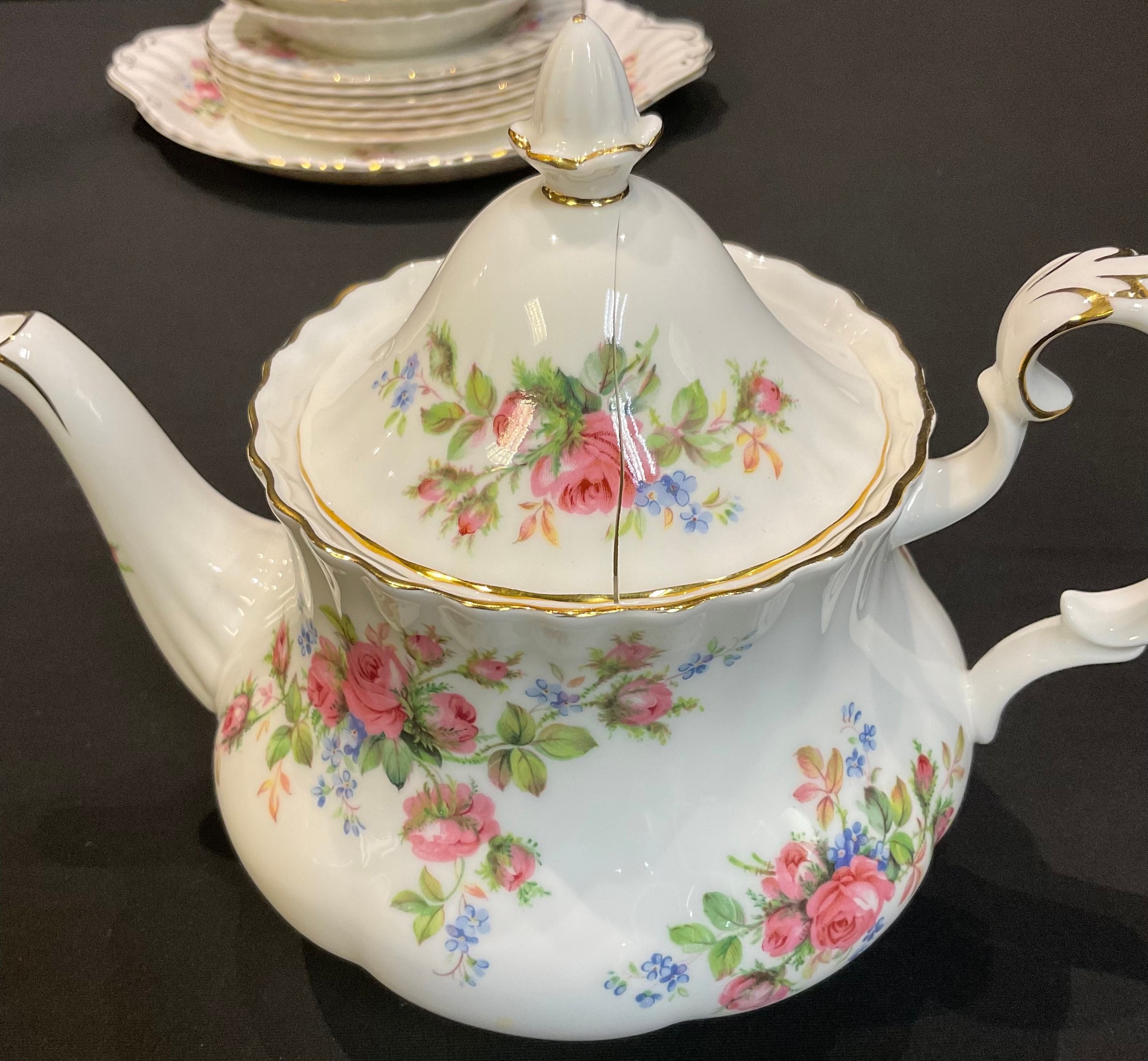 A Royal Albert Moss Rose tea service for six comprising teapot, cream jug, sucrier, cake plate, side - Image 3 of 3