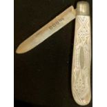A Victorian silver and mother of pearl folding pocket fruit knife, Sheffield 1899; a Mosda 500