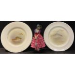 A Royal Doulton figure, Priscilla, HN1340; a pair of Royal Doulton plates, painted with Perch and